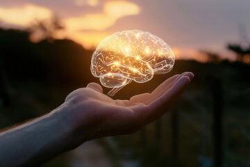 digital brain hologram spinning above male human hand