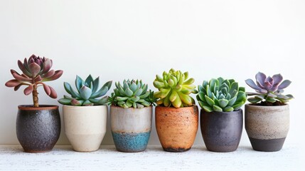 Assorted succulents in minimalist pots against a white background, emphasizing simplicity and green living