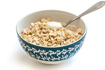 Cereal bowl full of milky cereal with a spoon. A delicious breakfast to start the day off right. Generative AI