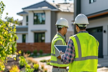 Expert real estate developers inspect houses after development while wearing hard hats using digital tablets.