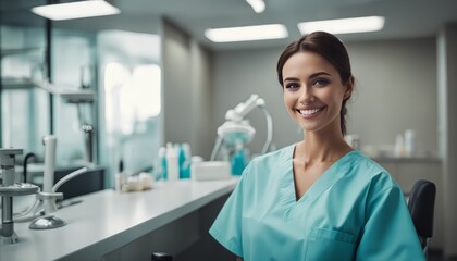 potrait Young female happy dentist at his office