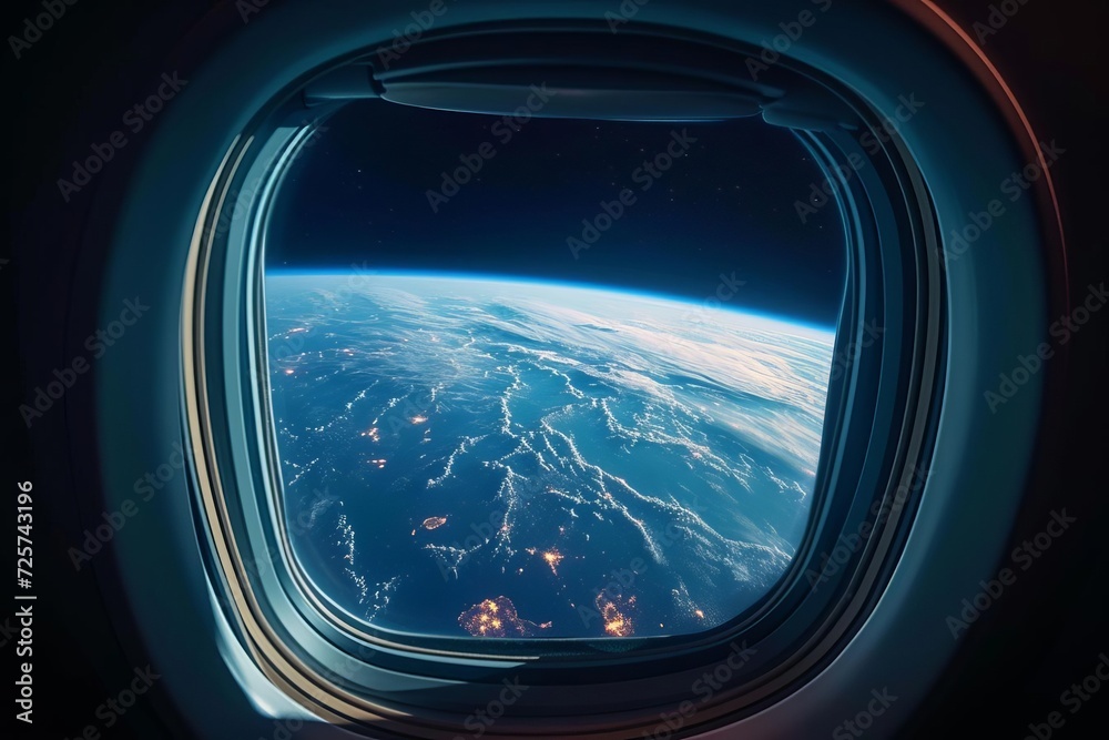 Wall mural a view of a distant earth-like planet with a blue atmosphere and green continents from a spaceship w