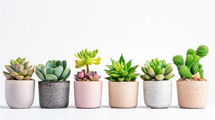 Fototapeta premium Assorted succulents in minimalist pots against a white background, emphasizing simplicity and green living