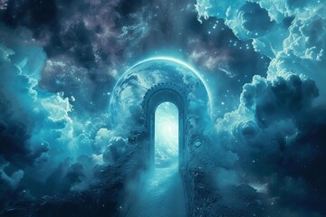 A surreal scene of an intergalactic gateway Opening to different dimensions and time periods Surrounded by cosmic clouds - obrazy, fototapety, plakaty