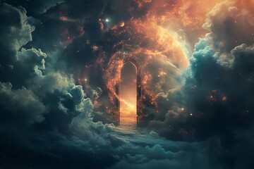A surreal scene of an intergalactic gateway Opening to different dimensions and time periods Surrounded by cosmic clouds