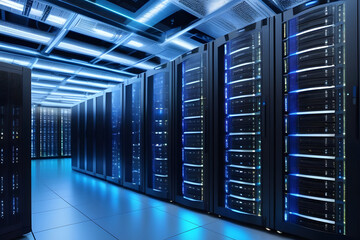 Server Room with Rows of Rack-Mounted Servers, Blue Illumination, and Cutting-Edge Technology