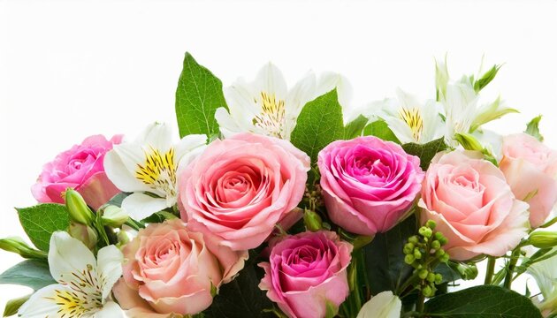 border with pink roses and alstroemeria flowers isolated on white or transparent background
