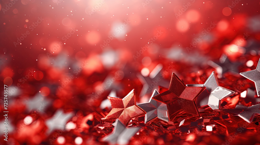 Poster Abstract shiny background with red glitter. Scattered confetti sparkles with bright and vibrant red color