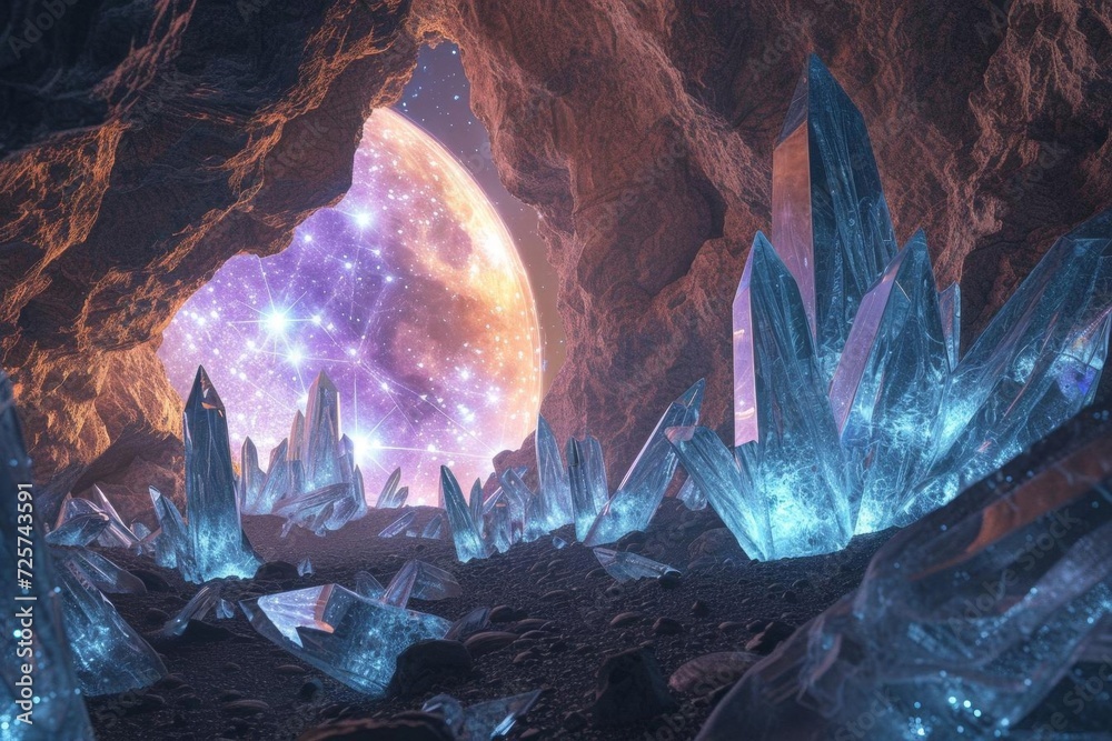 Wall mural an otherworldly scene of a crystal cave on a remote planet with luminous formations and a view of th