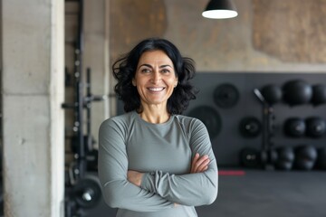 Smiling senior Middle Eastern woman in a fitness center