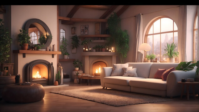 Cozy interior inside a chalet house with light furniture in the evening with lots of lights and candles and plants