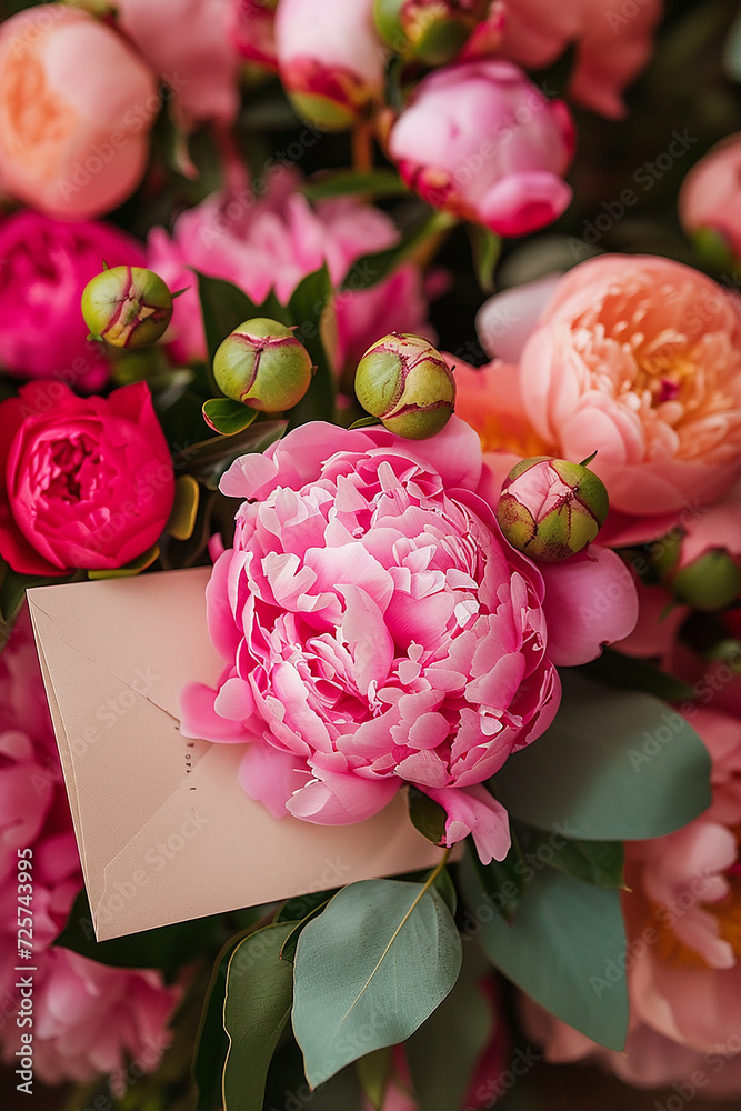 Poster postcard in a bouquet of peonies mockup