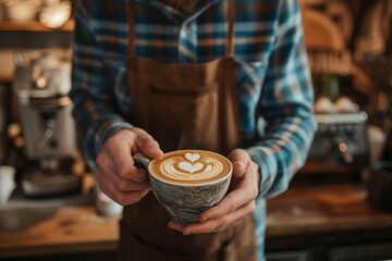 Fototapeta na wymiar Male barista creating latte art in a cozy coffee shop