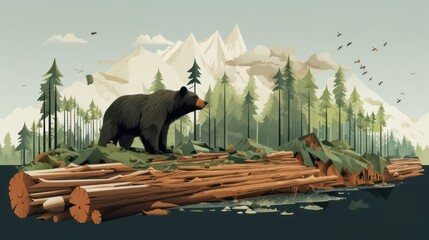 Illustration of a bear losing its habitat, deforested by illegal logging. Forest damage nature environment by cutting down trees causing global warming.