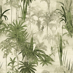 green and gray wallpaper featuring plants in various sizes, in the style of exotic landscapes