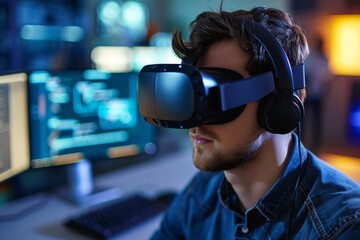 Male game developer coding a new virtual reality experience