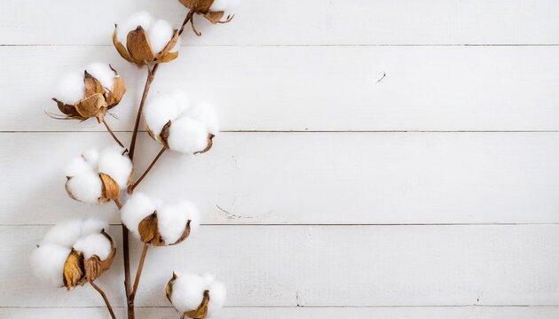 autumn composition dried white fluffy cotton flowers on white wood wall with copy space floral composition