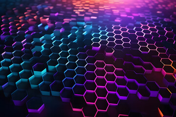 Obraz premium Futuristic Hexagonal Honeycomb Grid Dark Blue Purple Pink Violet Glowing Abstract Background