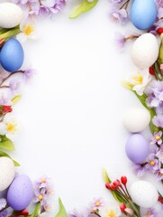 Naklejka na ściany i meble Easter frame with eggs and spring flowers. Easter background with copy space.