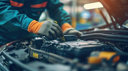 Auto mechanic comes to change battery Car after-sales service Change the battery Check the condition of the car and travel