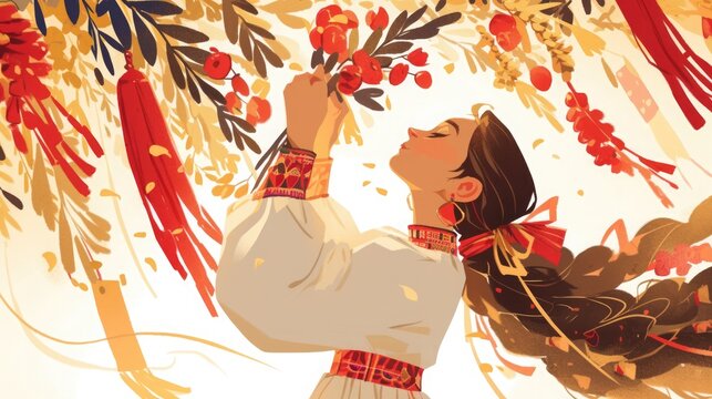 Modern beautiful girl with Red tassel Baba Marta symbol Martenitsa. International Martisor day celebrates spring arrival.