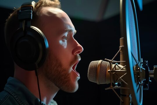 Male voice actor recording for an animated feature film