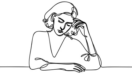 Continuous line drawing of woman think, holding her face in despair. One line woman in stress