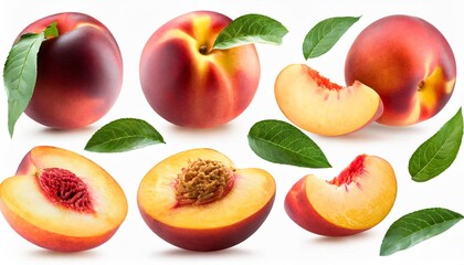collection of whole and cut nectarine peach fruits and leaves cutout