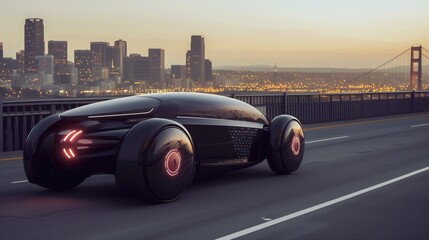 A futuristic car future  speeds down the highway with a vibrant city skyline in the background