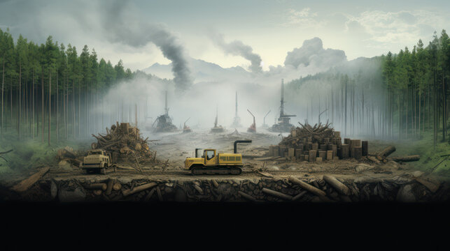 Illegal logging, felling of trees damages the forest environment, scattered pieces of wood and deforestation.