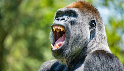 silverback adult male of a gorilla face a gorilla appears to be angry mouth open yawning - obrazy, fototapety, plakaty