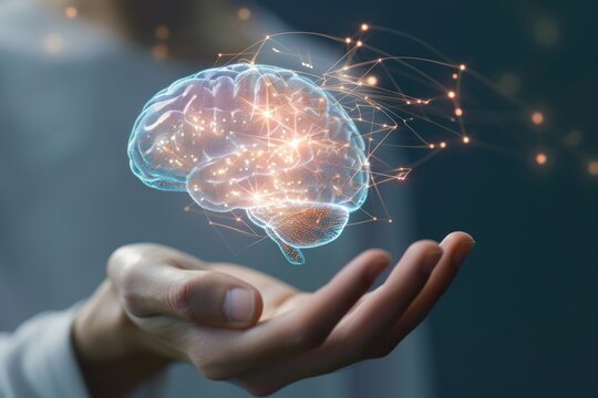 digital brain hologram spinning above male human hand - Powered by Adobe