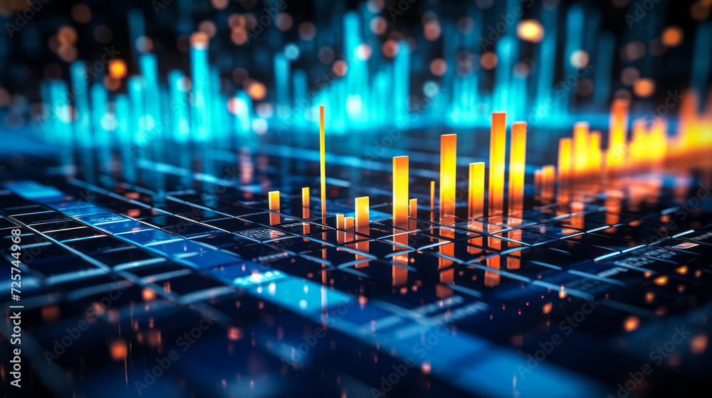 Poster abstract technological background with pulsating light bars on a grid, concept of data analysis, cyb