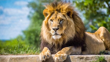 a close up of a lion laying on the ground with it s front paws on the ground looking at the camera