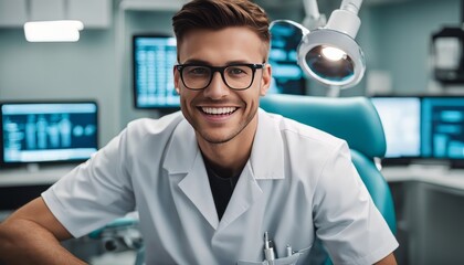 potrait Young male happy dentist at his office