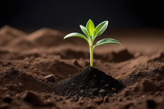Single green sprout growing from rich soil up close with a blurred background