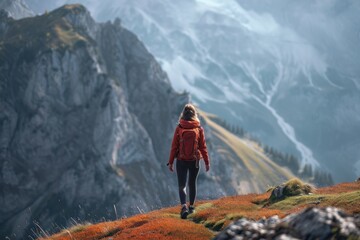 Naklejka premium The girl walks in the mountains and admires the beautiful views.