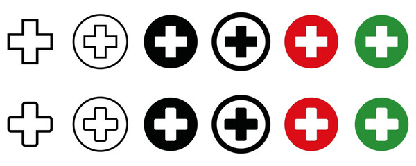 Health care red cross sign set. First aid vector isolated icons. Medicine health hospital signs collection. Emergency medicine symbols concept. - obrazy, fototapety, plakaty