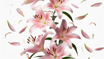 isolated of falling pink lilies flowers bloom with flying petals vertical border on transparent background - obrazy, fototapety, plakaty