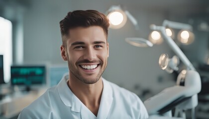 potrait Young male happy dentist at his office - obrazy, fototapety, plakaty