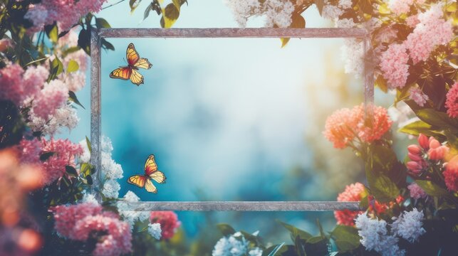 Spring time theme border frame copy space text template, decorated with beautiful butterfly and blooming flowers.