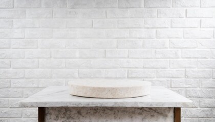 empty marble podium on bathroom table before white brick wall