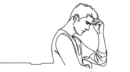 Continuous line drawings of man feeling sad, tired and worried about suffering from depression in mental health.