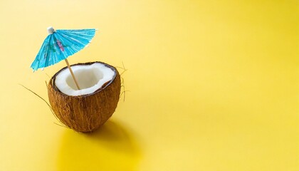 tropical beach concept made of coconut fruit and sun umbrella creative minimal summer idea