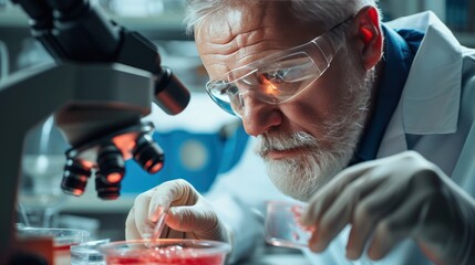 Experts examine Petri dishes with tissue grown in a lab.