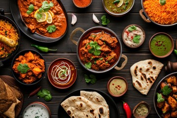 Assorted indian food on dark wooden background.