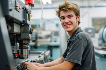 A smiling, good-looking trainee stands in front of a CNC machine at a factory.