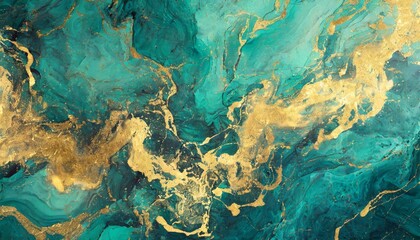 Fototapeta na wymiar fluid art paper marbling background turquoise golden stains abstract texture generative illustration