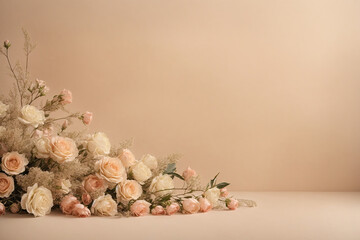 Bouquet of pink roses on a beige background. Enough space for text. Banner. Delicate roses in pastel colors lie on a beige background with empty space.