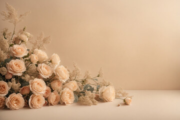 Beige background with roses. Delicate roses on a soothing pastel beige background for an advertisement or message.